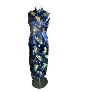Kunto Blue Brocade Floral Sleeveless Mandarin Style  Maxi Dress Size Large